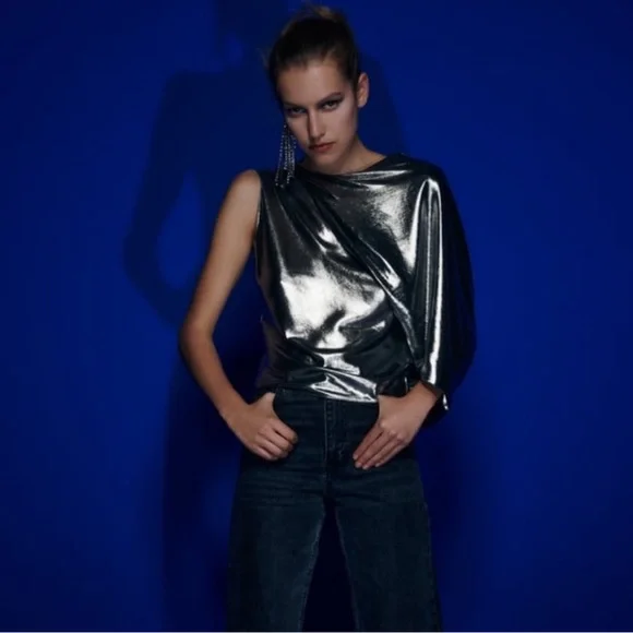 EUC Zara Asymmetric Metallic Top in Pewter - Picture 14 of 16